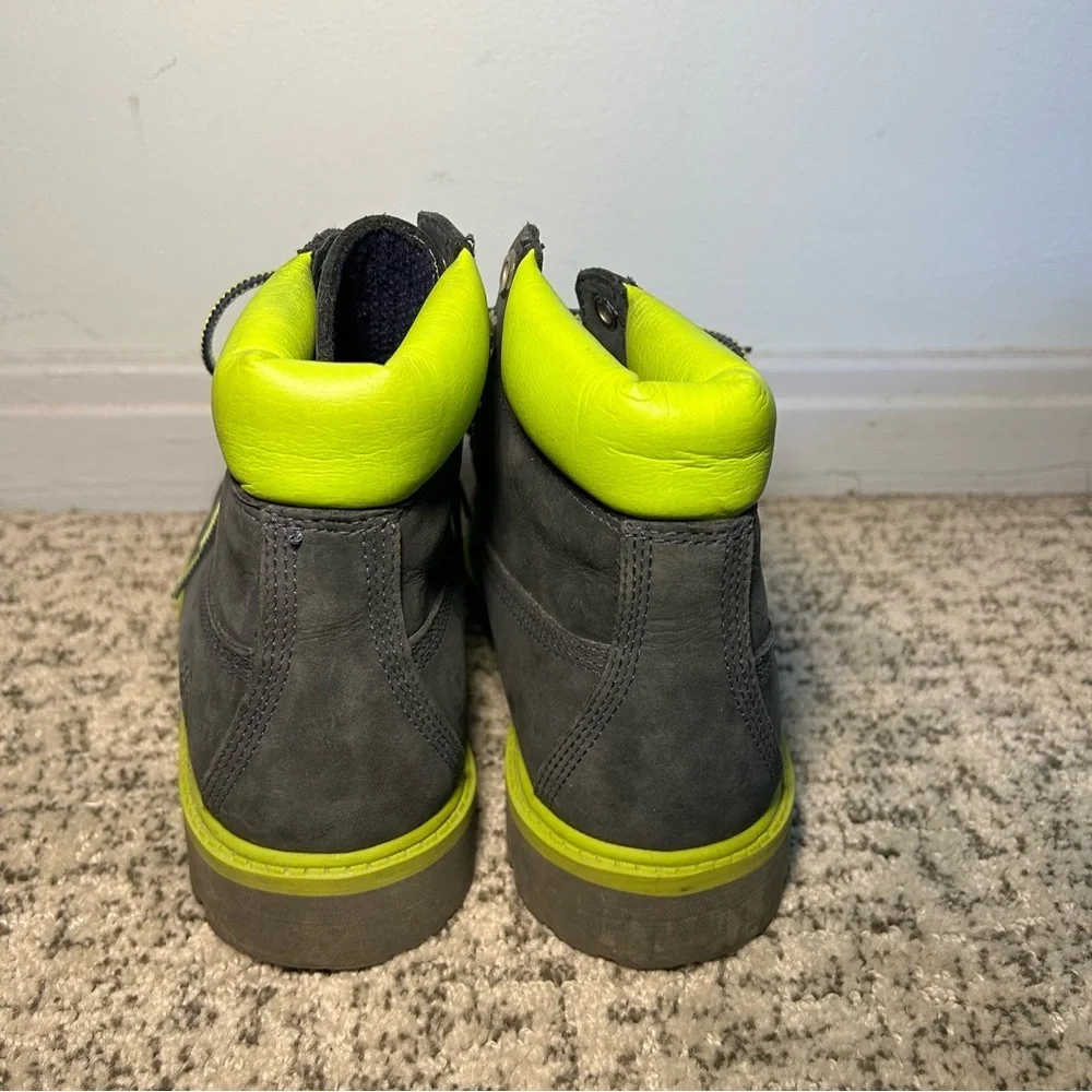 Timberland Green & Safety Grey Suede 6” Premium Waterproof Boots Size 4 Kids